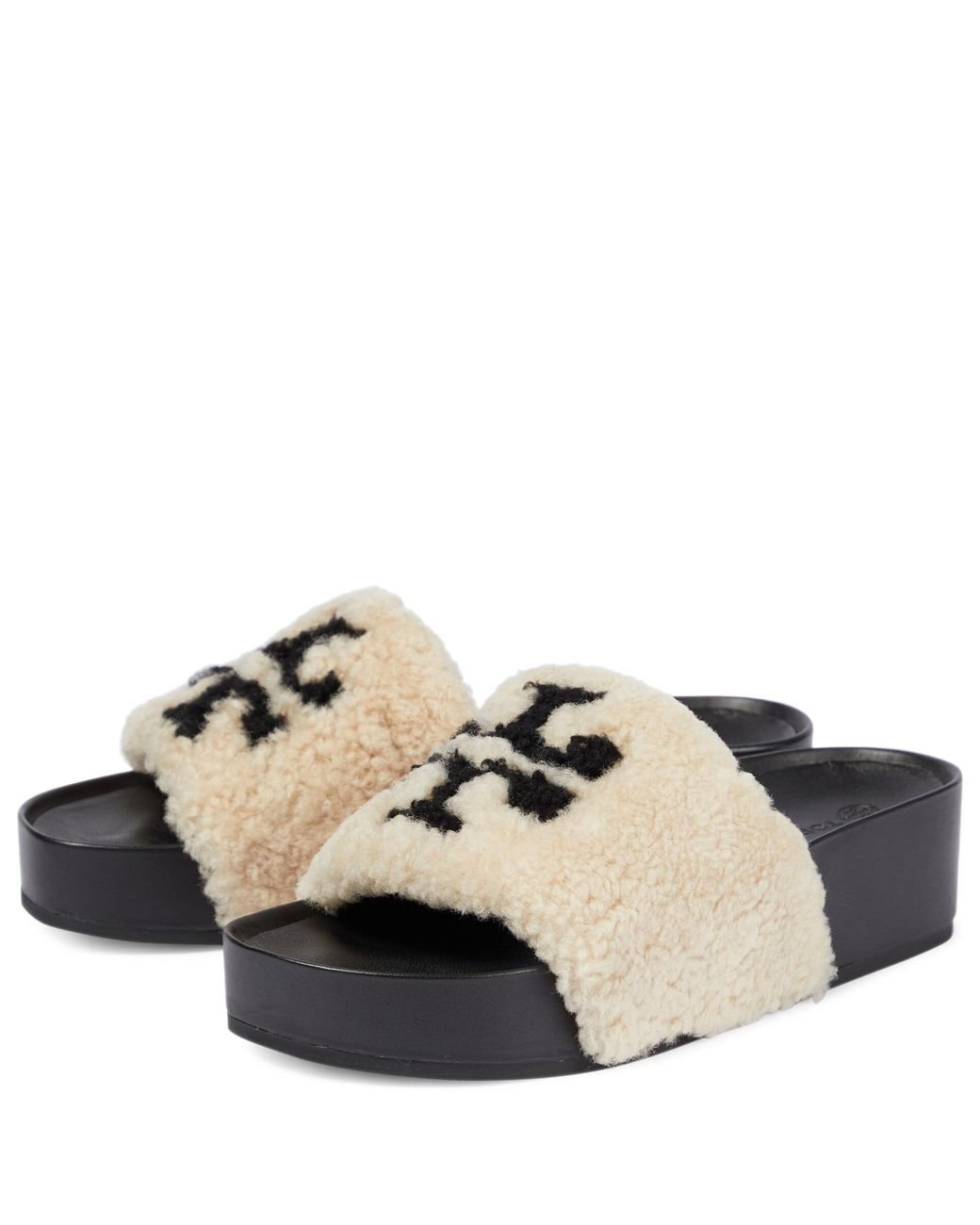 Tory Burch Double T Shearling Platform Slides in Black | Lyst