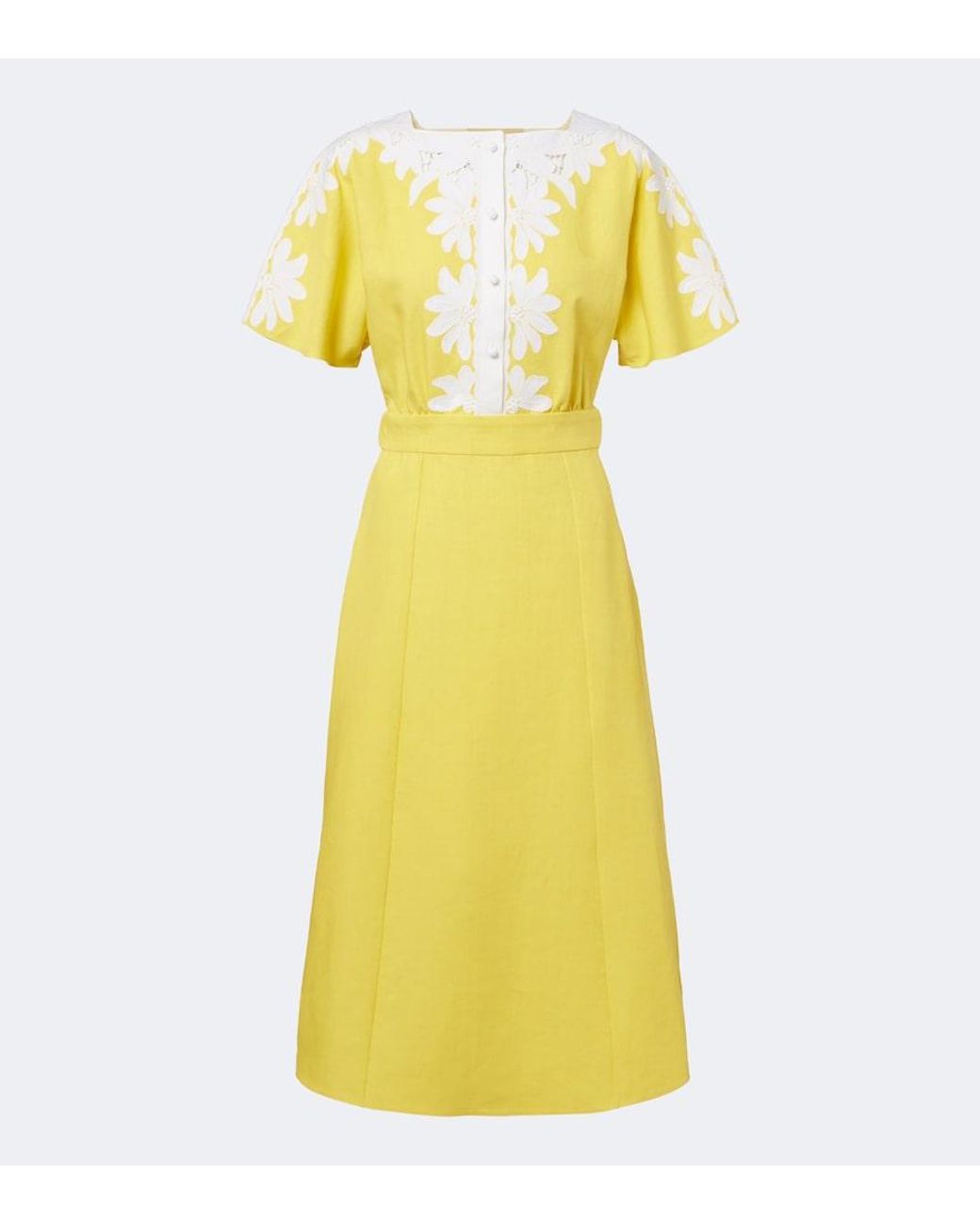 Valentino Garavani Yellow Embroidered Linen Midi Dress
