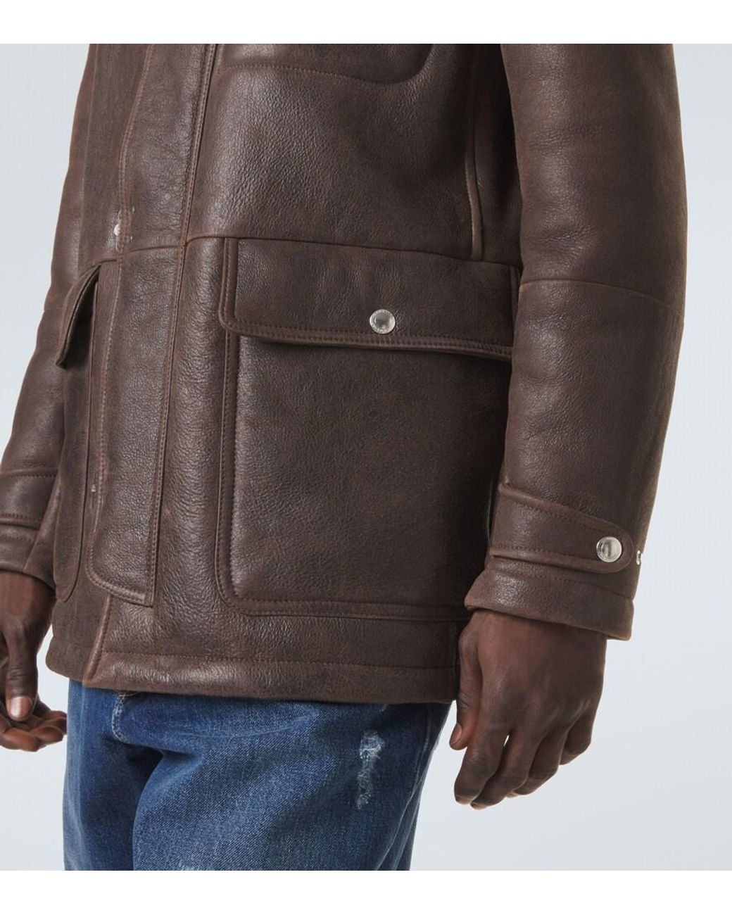 Brunello Cucinelli Brown Shearling-Lined Leather Jacket for men