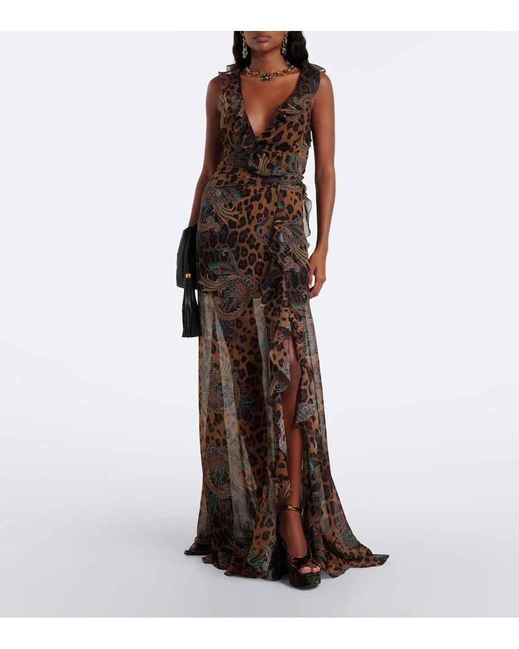 Etro Brown Printed Ruffled Seersucker Gown