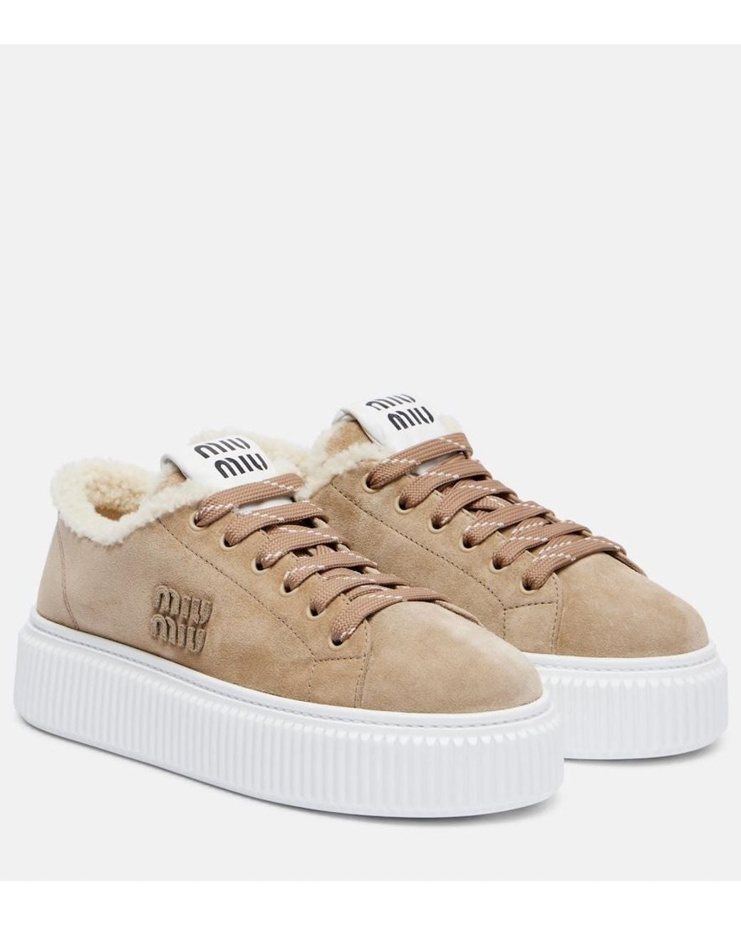 Miu Miu Natural Shearling-Lined Suede Platform Sneakers