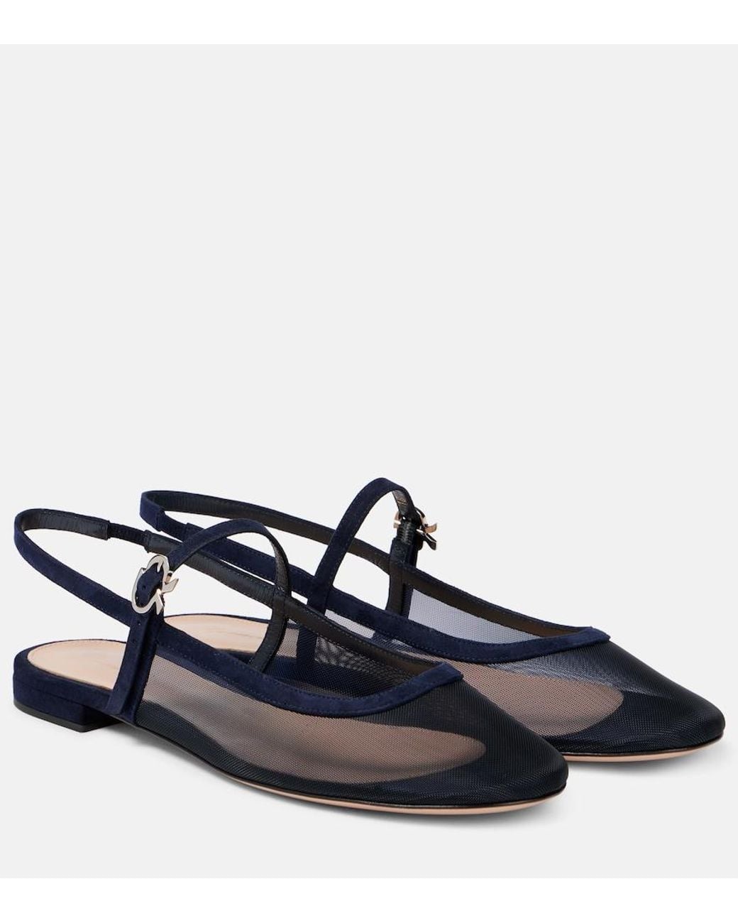 Gianvito Rossi Blue Leather-Trimmed Organza Ballet Flats