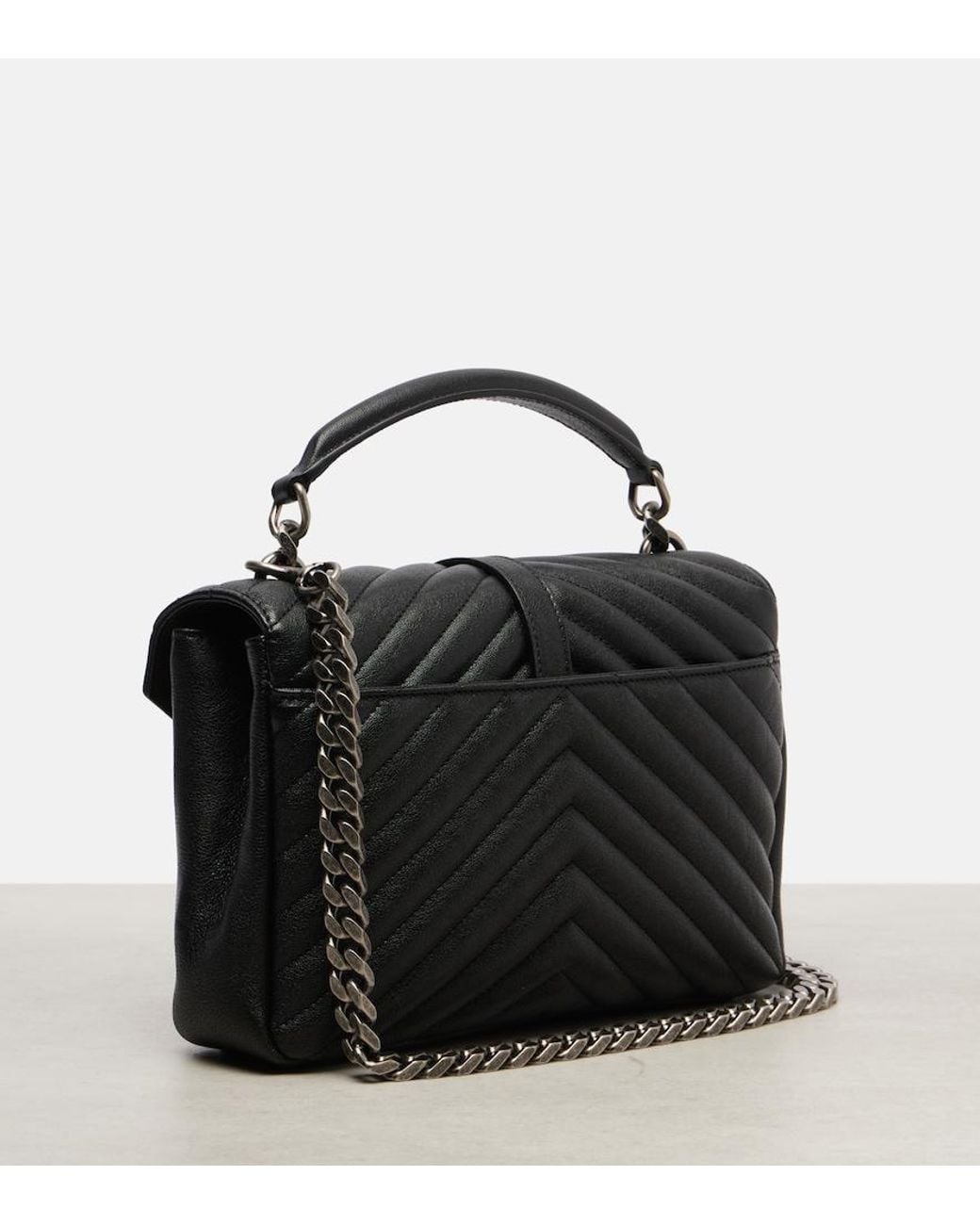 Saint Laurent Black College Medium Chain Quilted Textured-leather Shoulder Bag