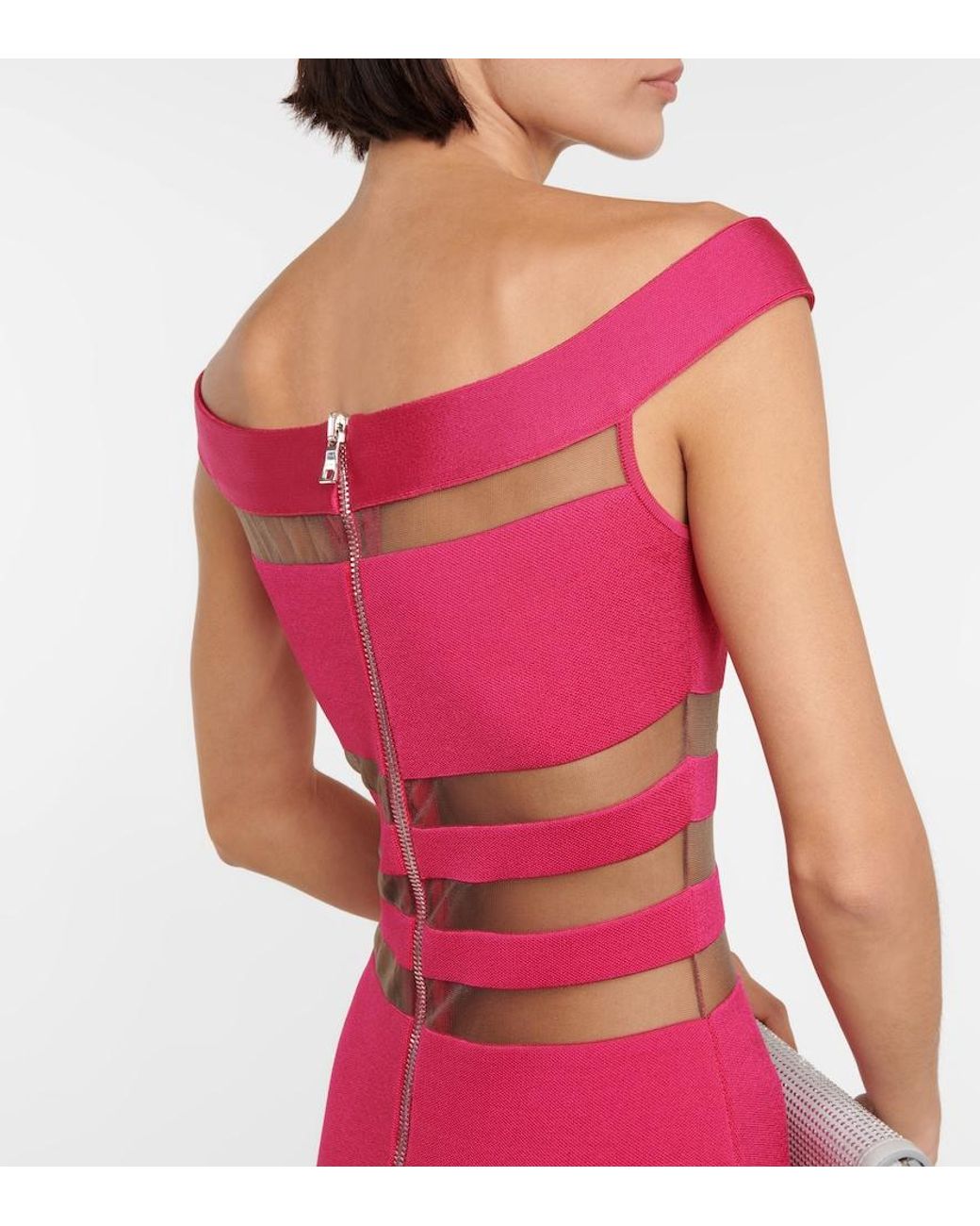 Balmain Pink Off-Shoulder Mesh-Paneled Minidress