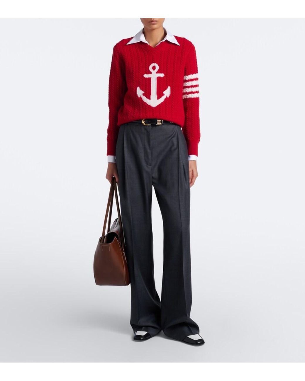 Thom Browne Red 4-Bar Cable-Knit Virgin Wool Sweater