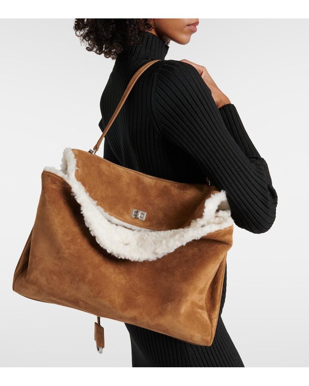 Balenciaga Brown Rodeo Large Shearling-Lined Suede Shoulder Bag
