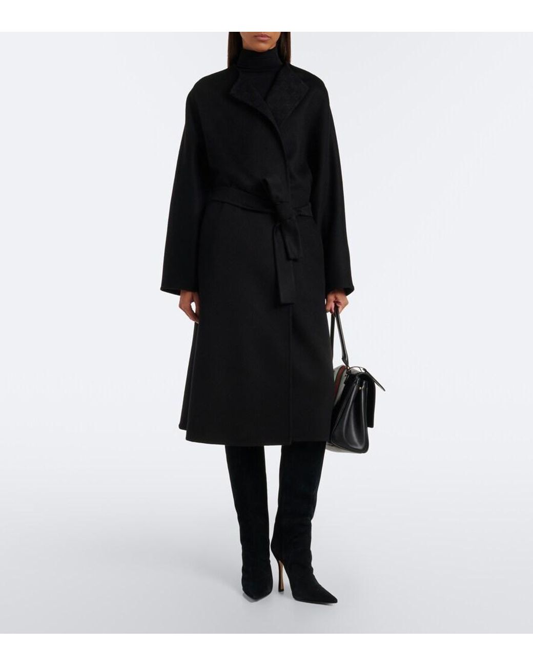 Gucci Black Gg Belted Wool And Silk Wrap Coat