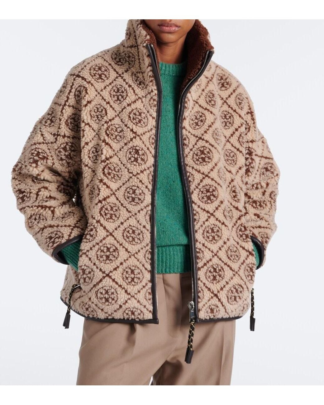 Tory Burch Brown T Monogram Printed Teddy Jacket