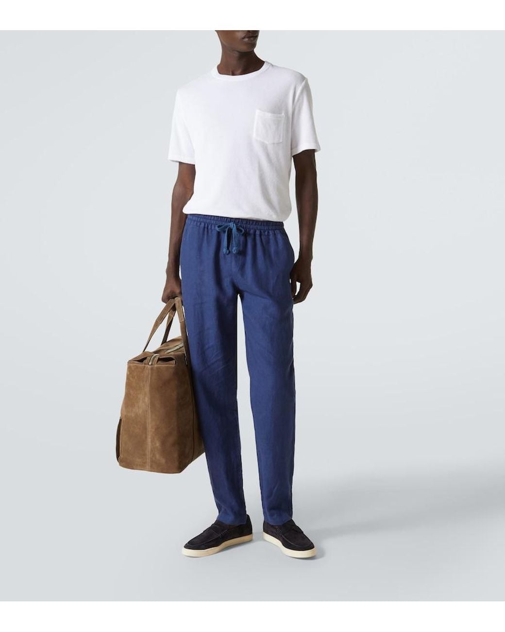 Fedeli Blue Linen Straight Pants for men