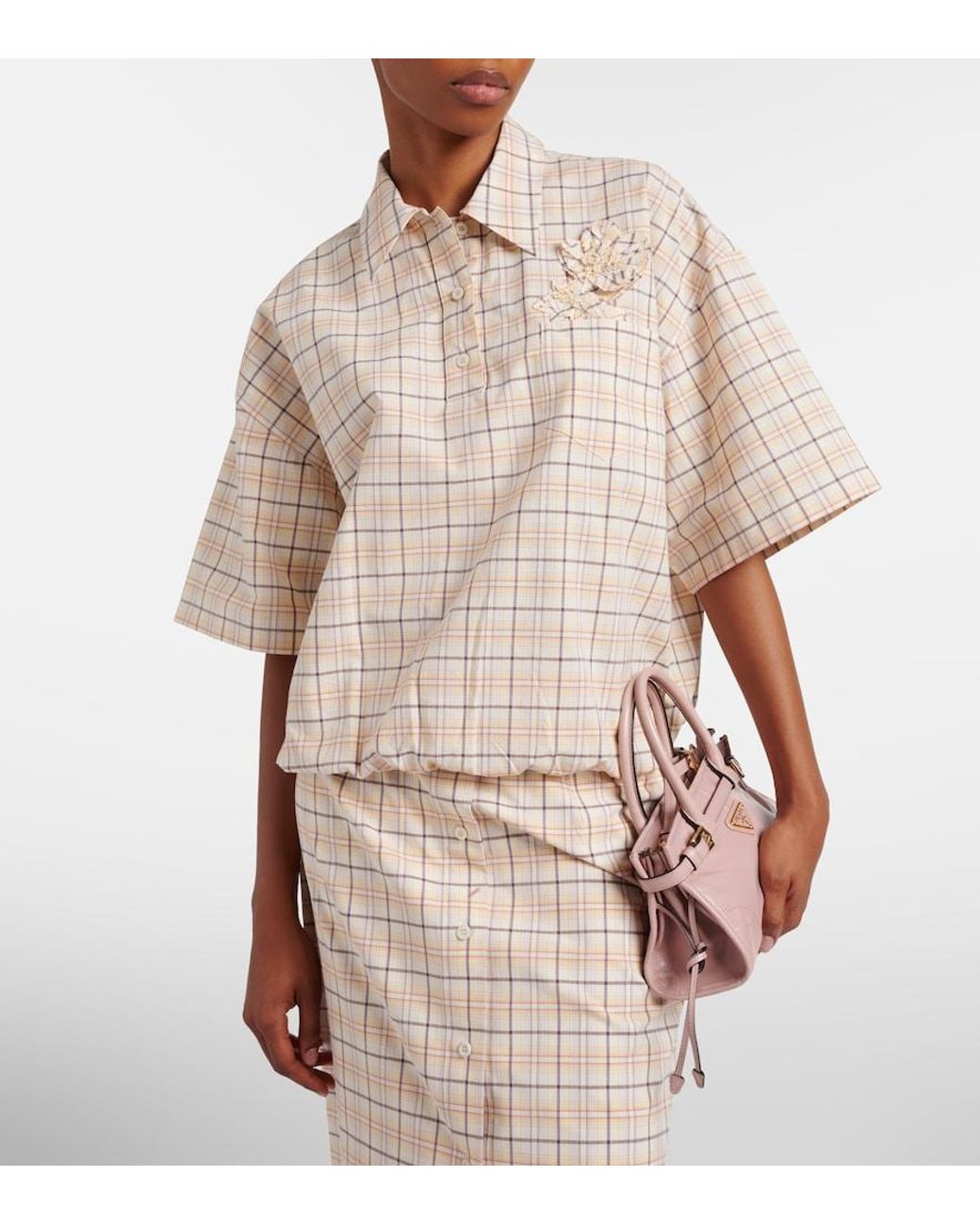Prada Natural Checked Cotton Poplin Top