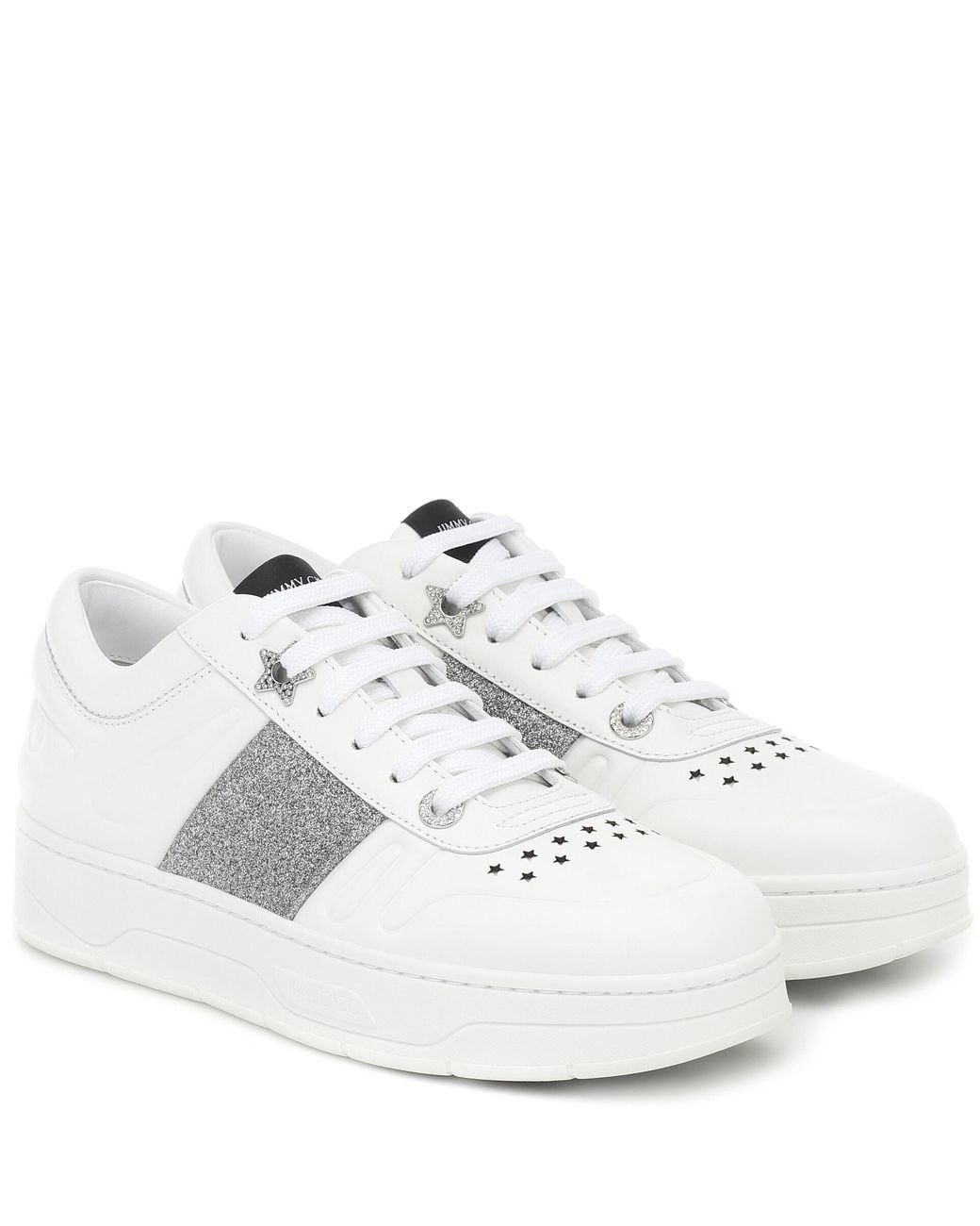 Jimmy Choo Hawaii/f Glitter-trimmed Leather Sneakers in White | Lyst
