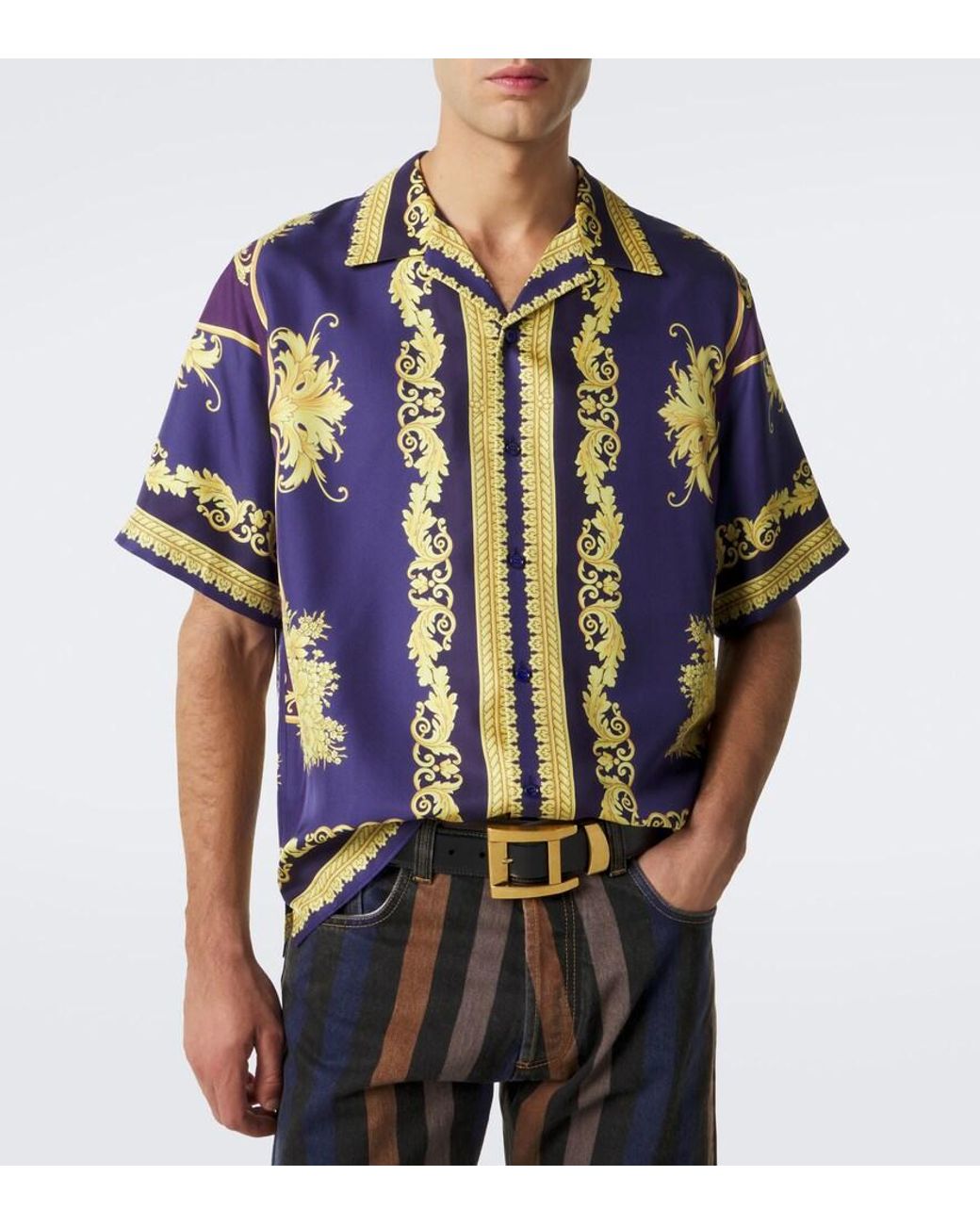 Versace Blue Barocco Silk Twill Shirt for men