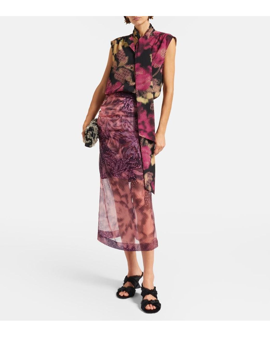 Dries Van Noten Purple Layered Printed Silk-Blend Midi Skirt