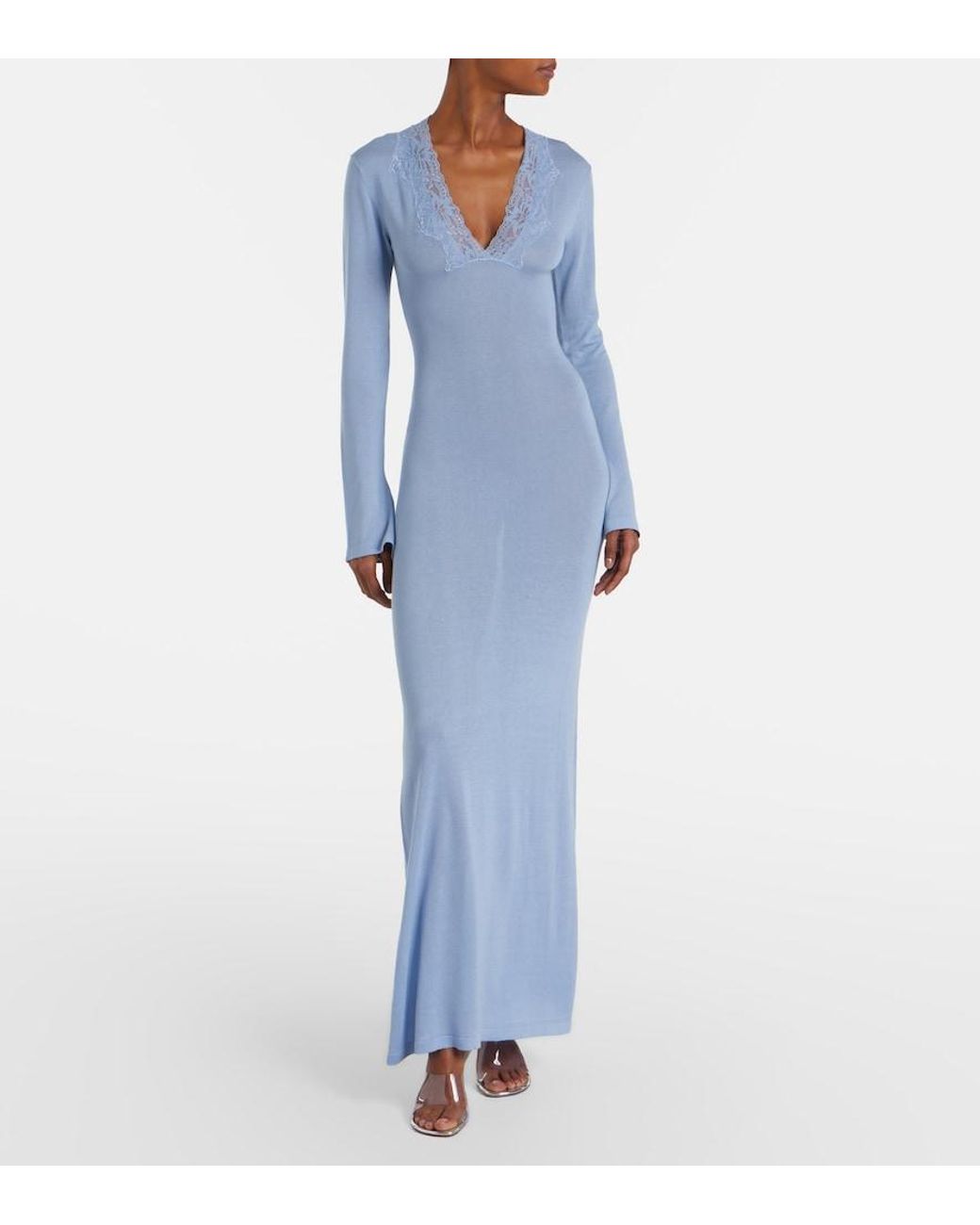 AYA MUSE Blue Lace-Trimmed Maxi Dress