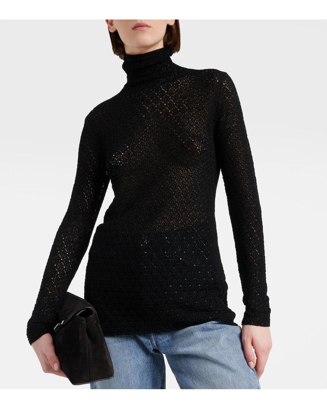 Totême Black Crochet Turtleneck Top