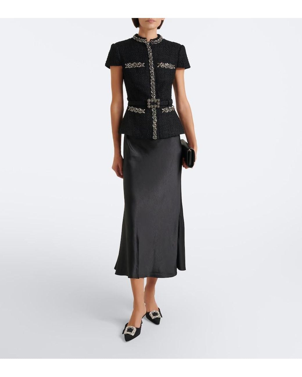 Self-Portrait Black Belted Embellished Boucle And Satin Midi Dress