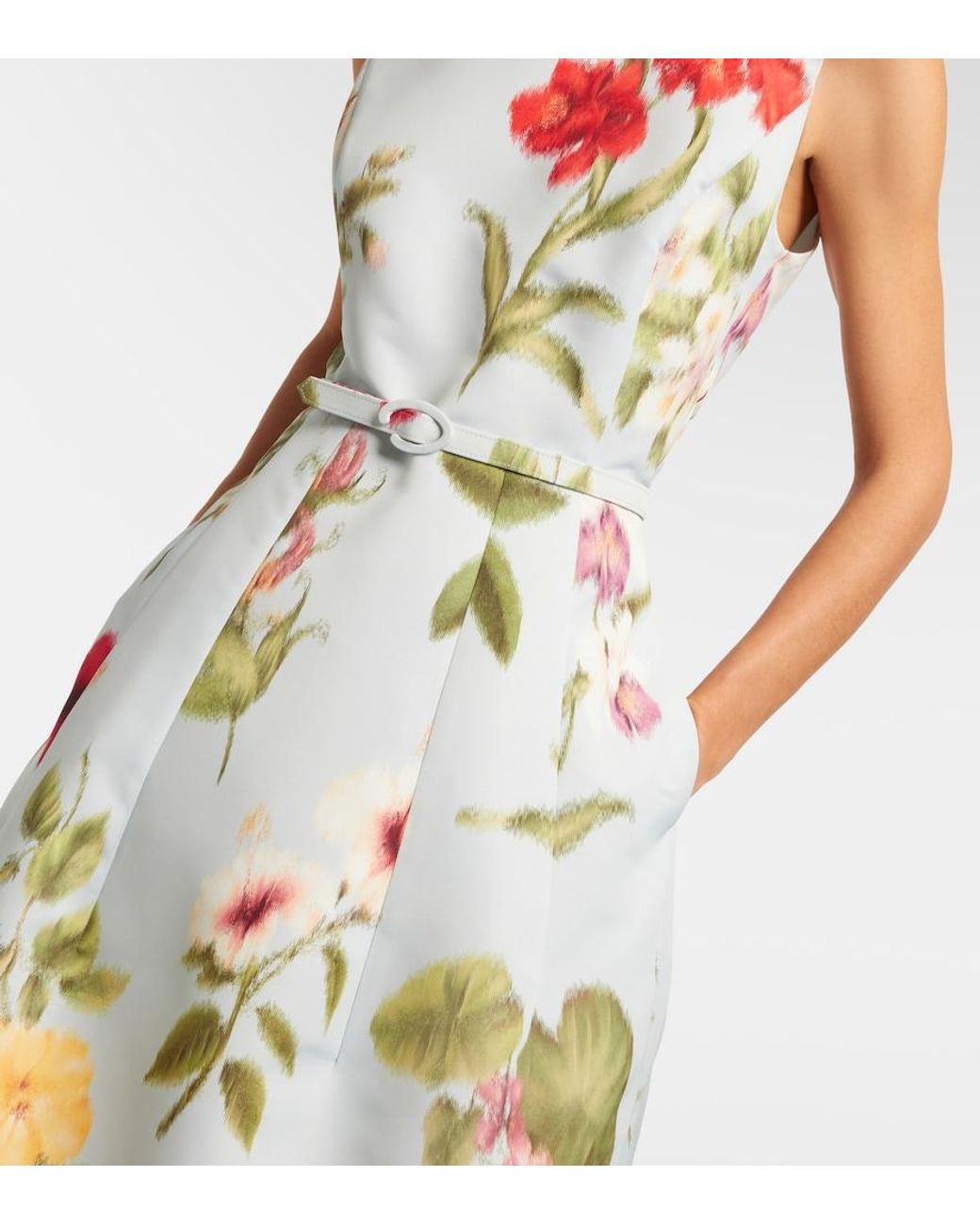 Oscar de la Renta White Belted Floral Faille Cocktail Dress