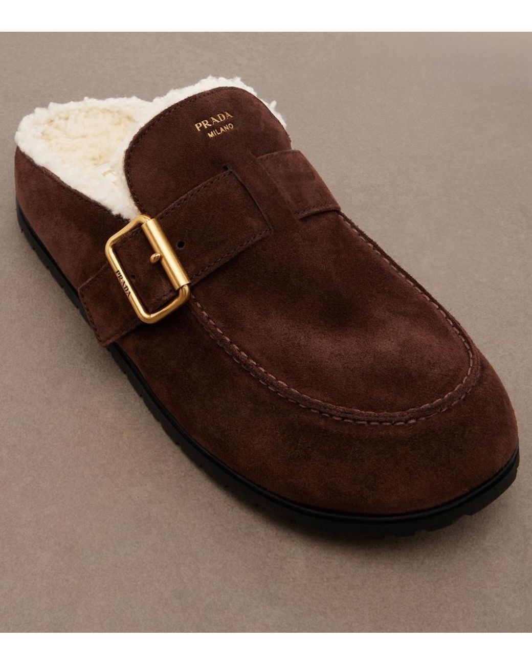 Prada Brown Shearling-Lined Suede Mules