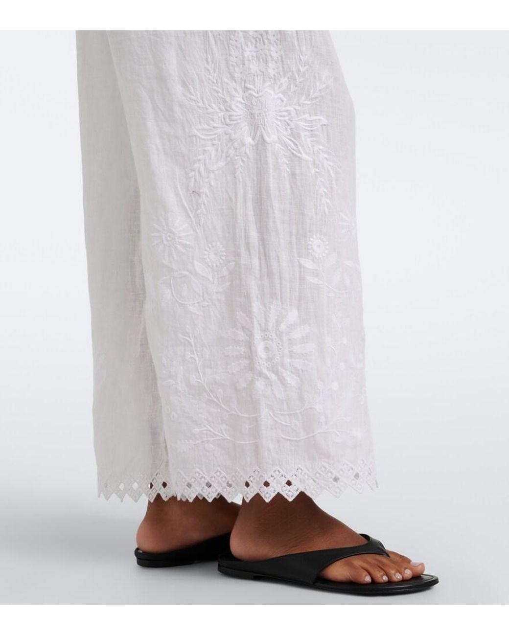 Eres White Albatre Embroidered Linen Wide-Leg Pants