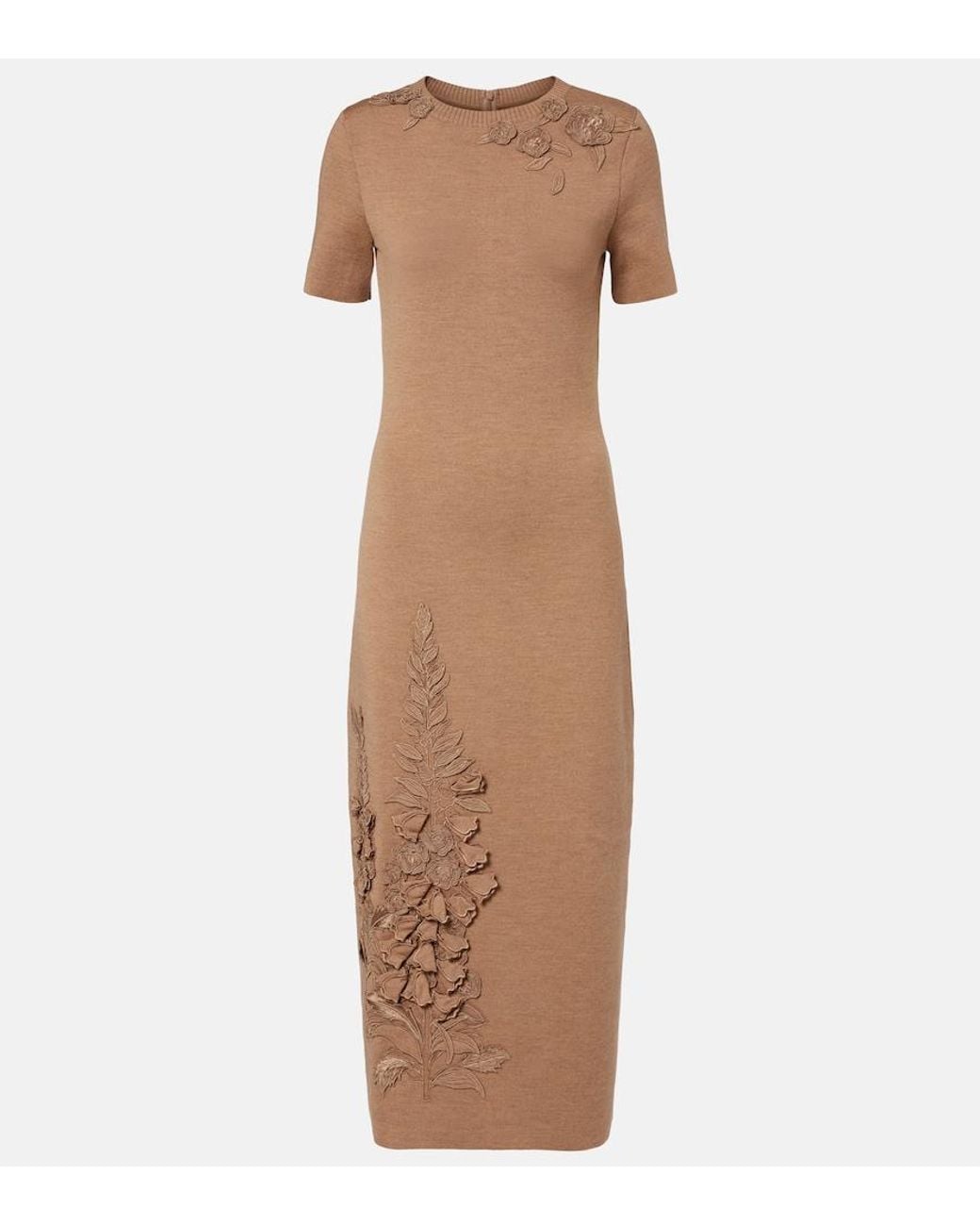 Oscar de la Renta Brown Foxgloves Wool-Blend Midi Dress