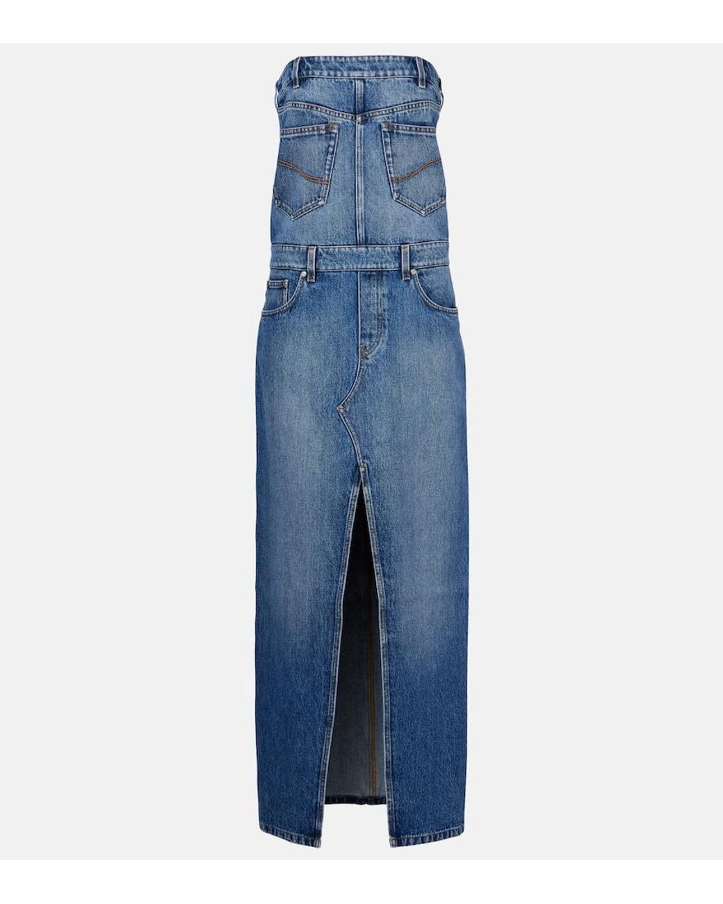 stella mccartney denim wrap dress Strapless Maxi in Blue Color:PINK PADANG timeless fashion Mini dress Puff-Sleeve Seamed Denim Dress It has a frayed