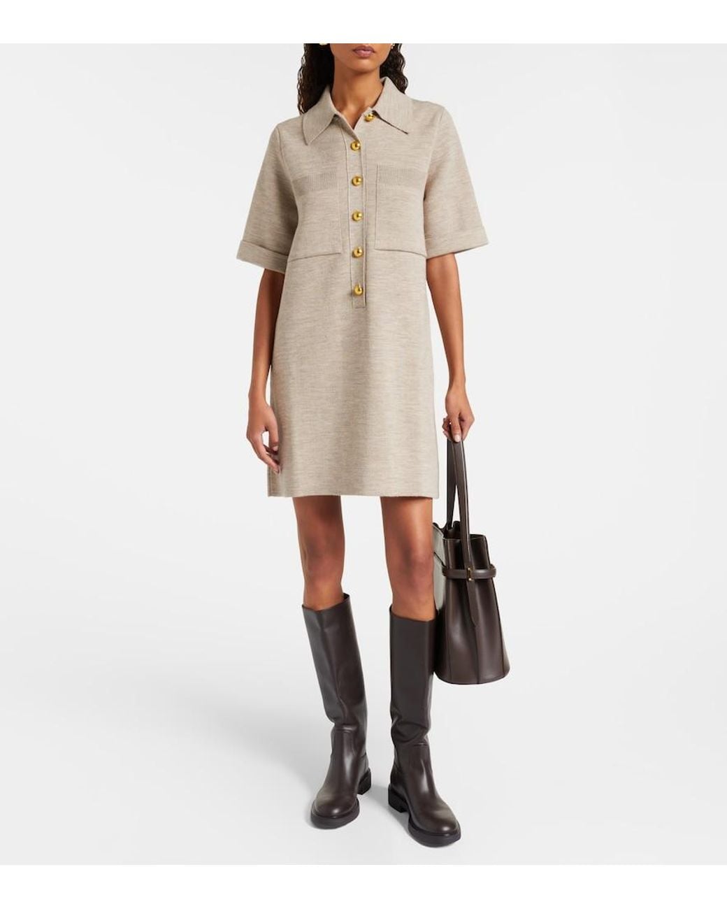 Veronica Beard Natural Madden Knitted Wool Polo Dress