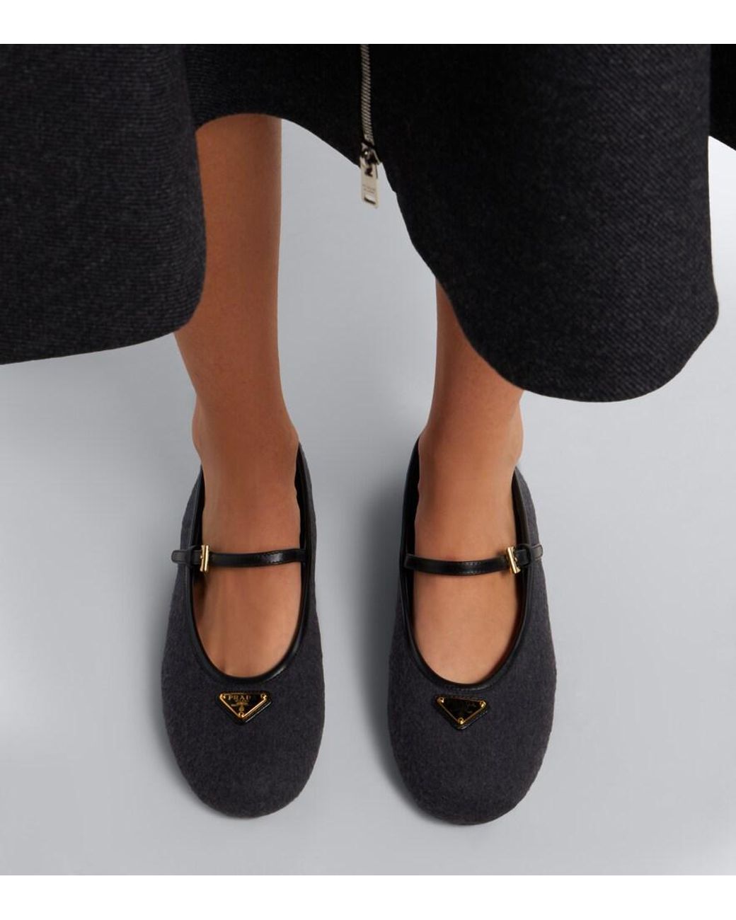 Prada Black Leather-Trimmed Cashmere Mary Jane Flats