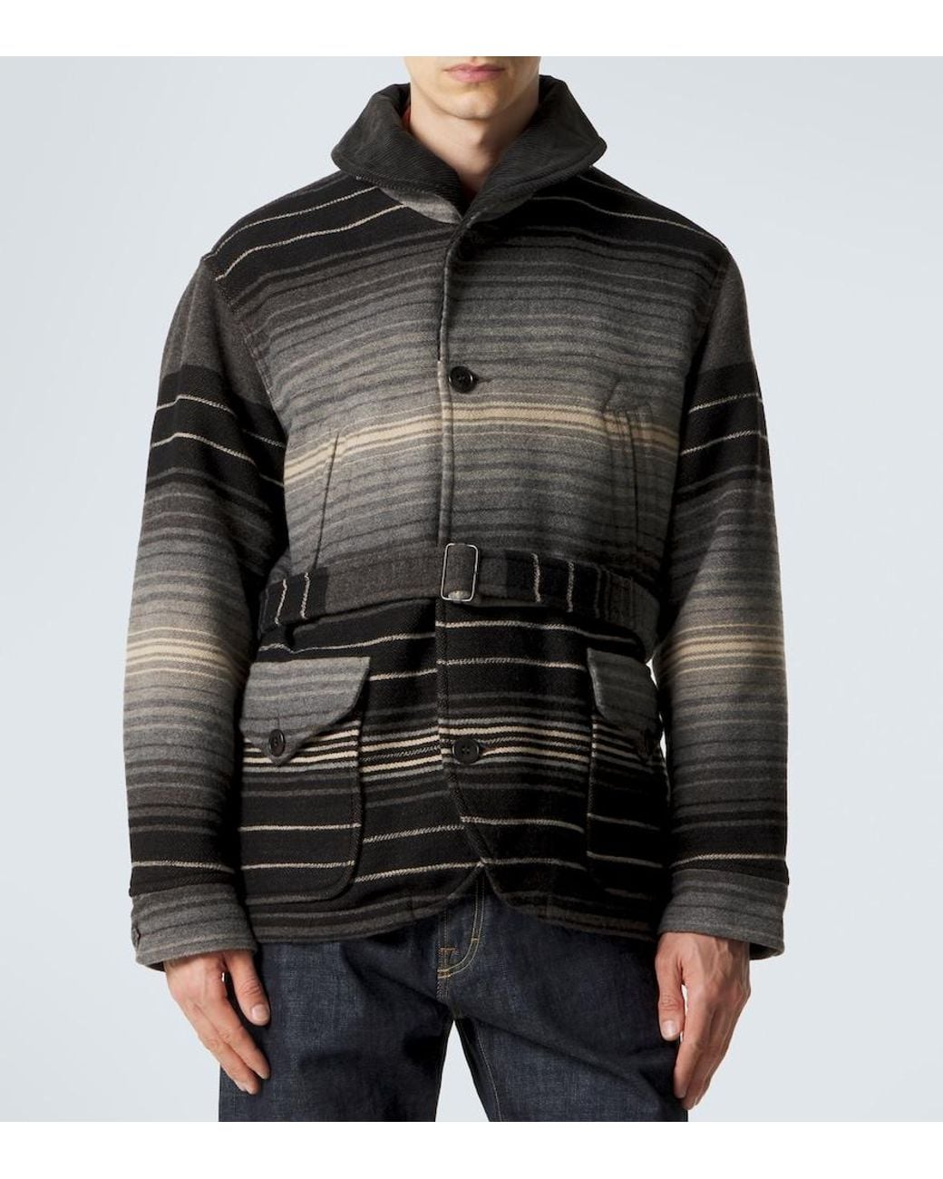 RRL Black Striped Wool And Cotton Jacquard Coat for men