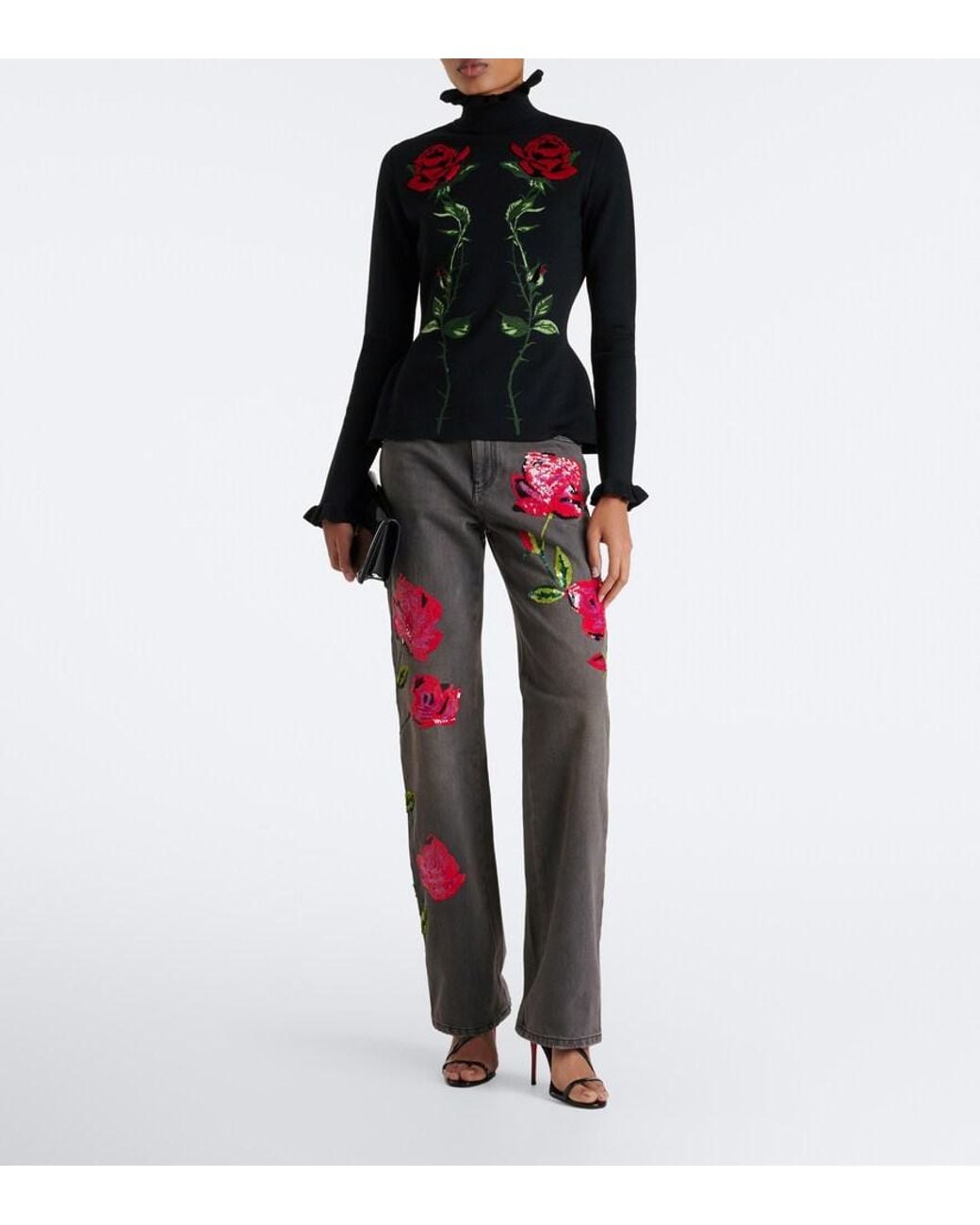 Blumarine Red Sequined Wide-Leg Jeans
