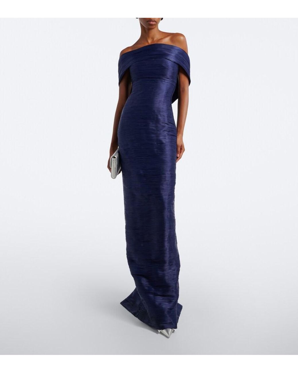 Marmar Halim Blue Pleated Off-Shoulder Gown