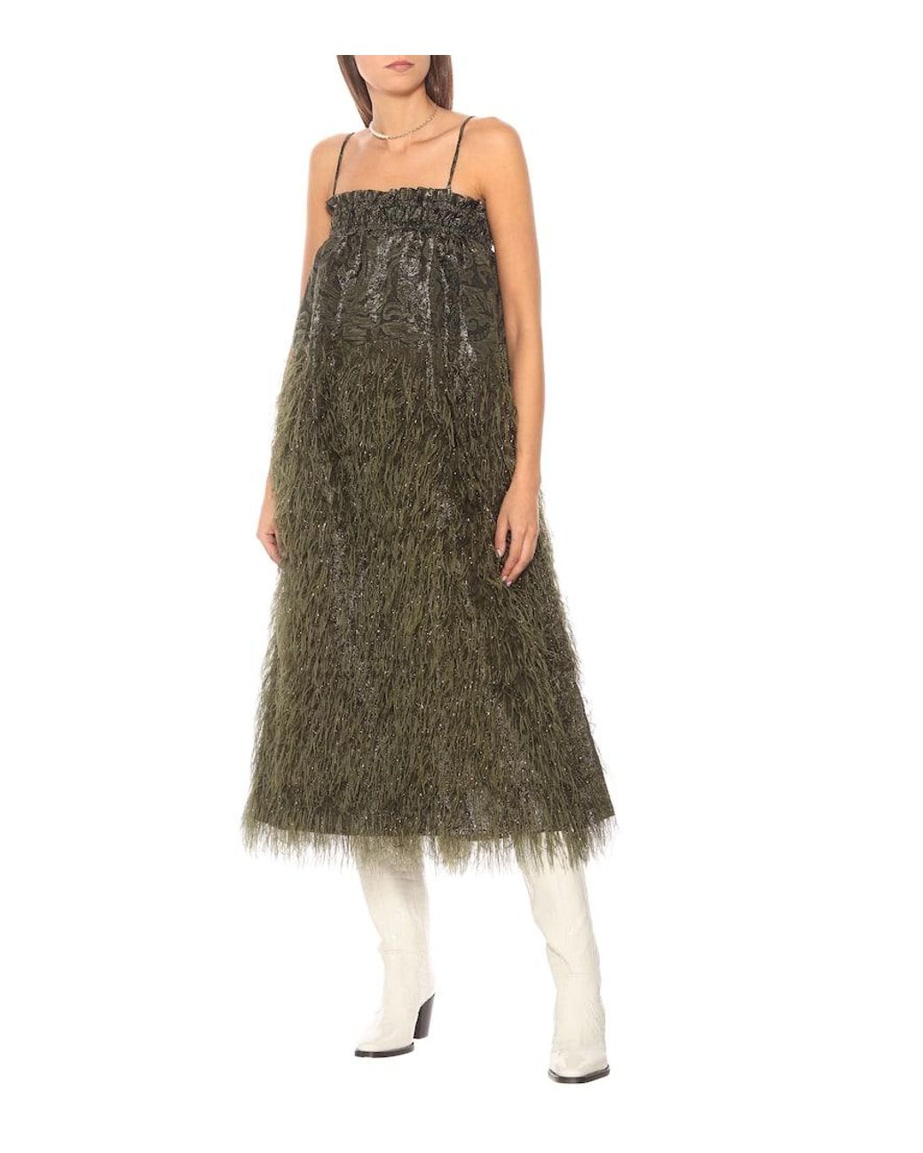 ganni feather dress green Ganni // Green Ripstop Maxi Dress – VSP Consignment main image 1
