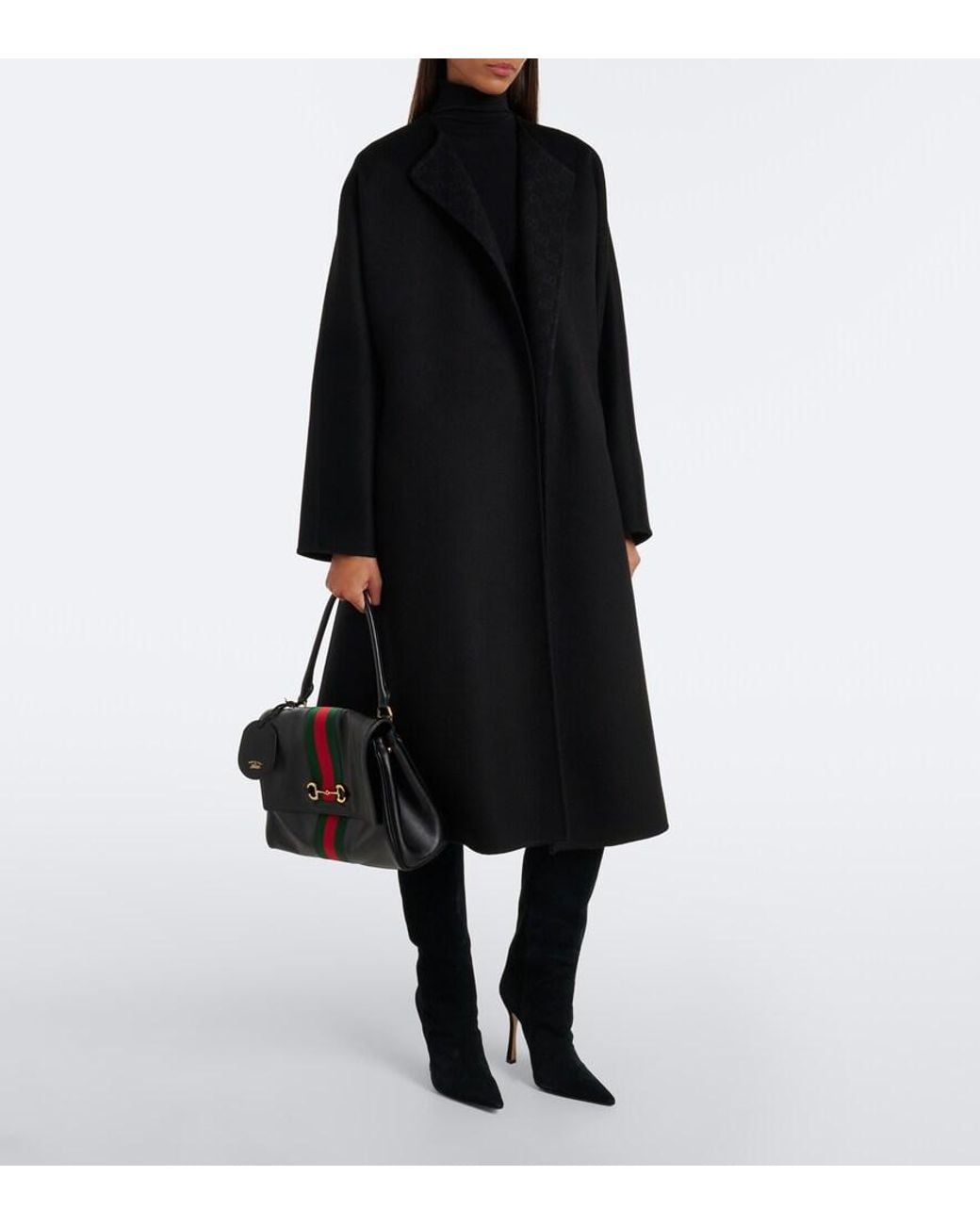 Gucci Black Gg Belted Wool And Silk Wrap Coat