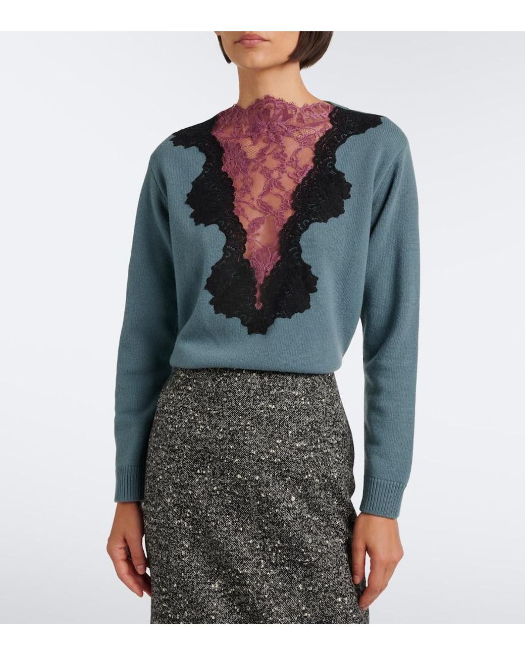 Valentino Blue Lace-Trimmed Virgin Wool Sweater