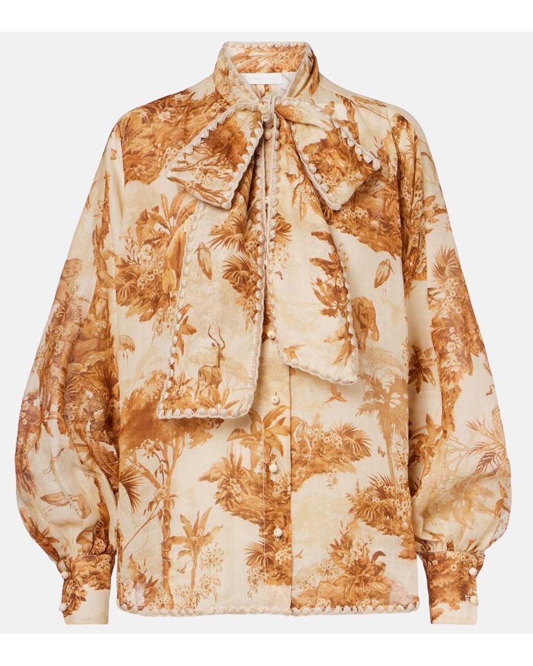 Zimmermann Brown Indra Printed Tie-Neck Ramie Blouse