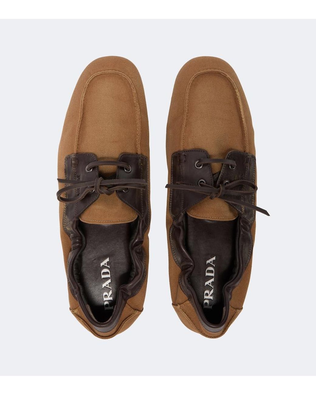 Prada Brown Shuffle Leather-Trimmed Canvas Boat Shoes for men