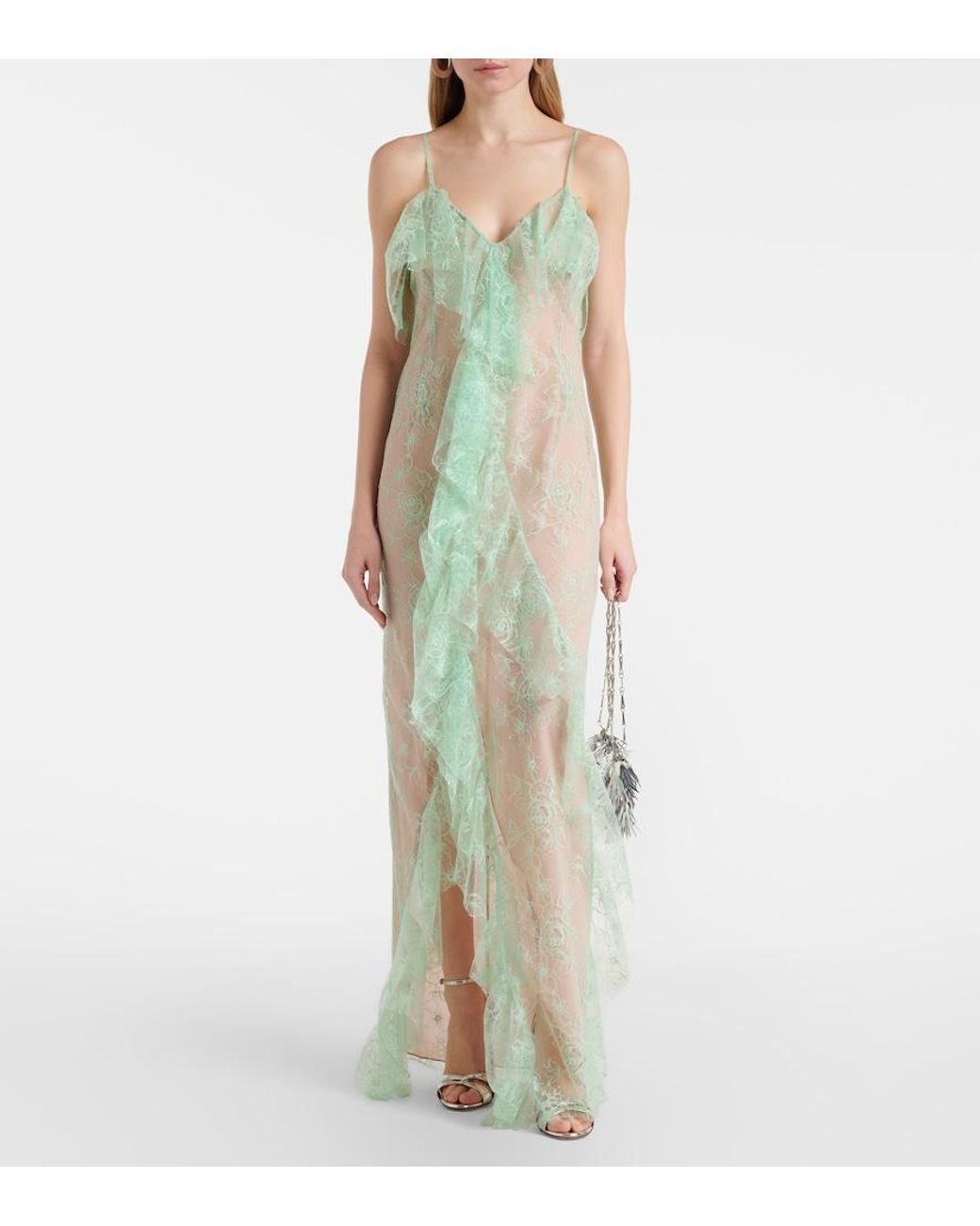 Blumarine Green Ruffled Sheer Lace Gown