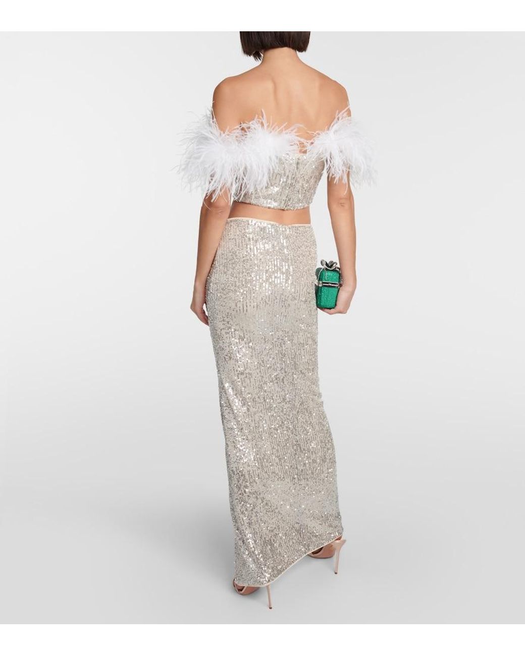 Self-Portrait White Sequined Feather-Trimmed Crop Top