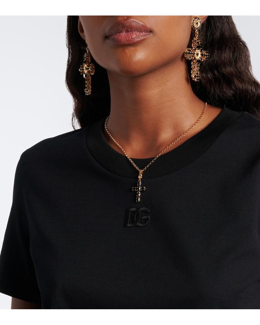 Dolce & Gabbana Black Dg Lace-Trimmed Cotton-Blend T-Shirt