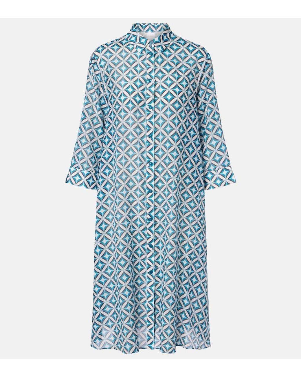 Max Mara Blue Steppa Printed Cotton And Silk Midi Dress