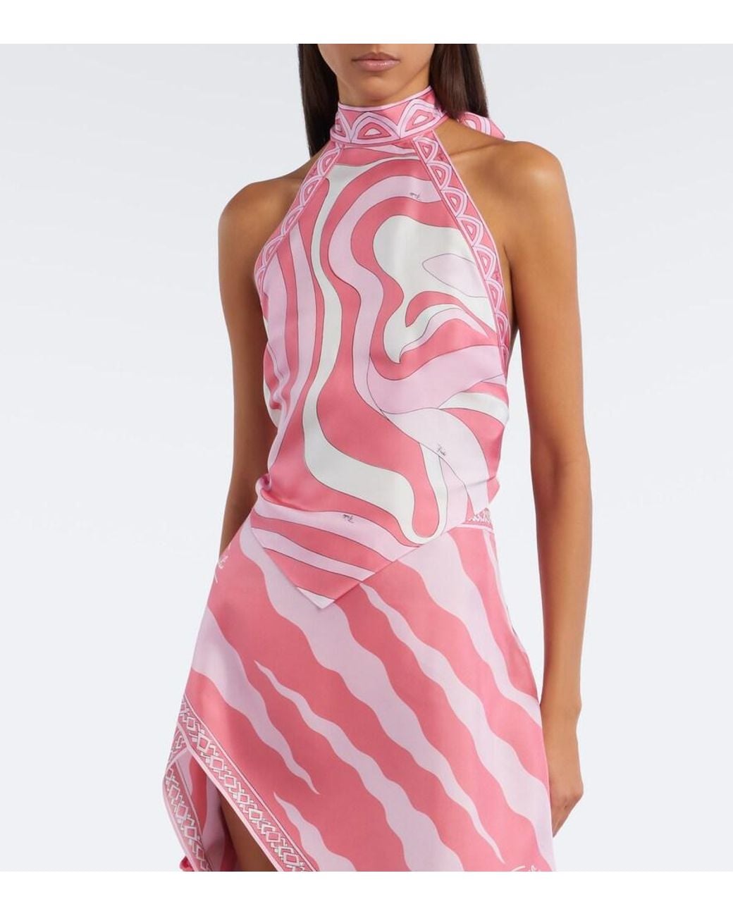 Emilio Pucci Pink Marmo Halterneck Silk Twill Scarf Top