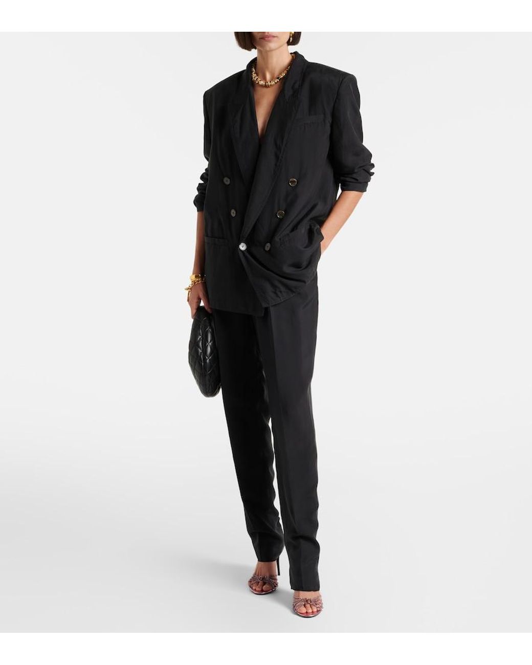 Saint Laurent Black Pleated Silk Straight Pants