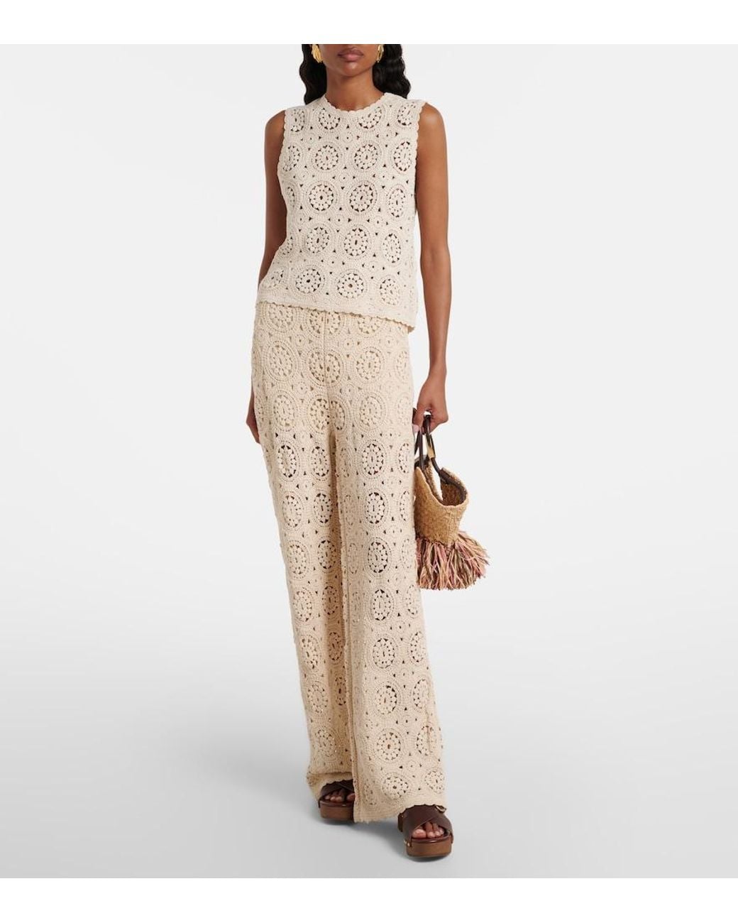 FRAME Natural The Crochet Cotton Wide-Leg Pants