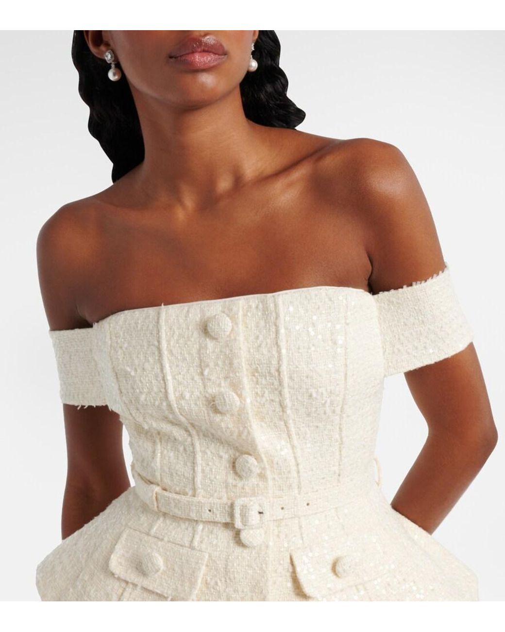 Self-Portrait Natural Bridal Sequined Bow-Detail Peplum Midi Dress