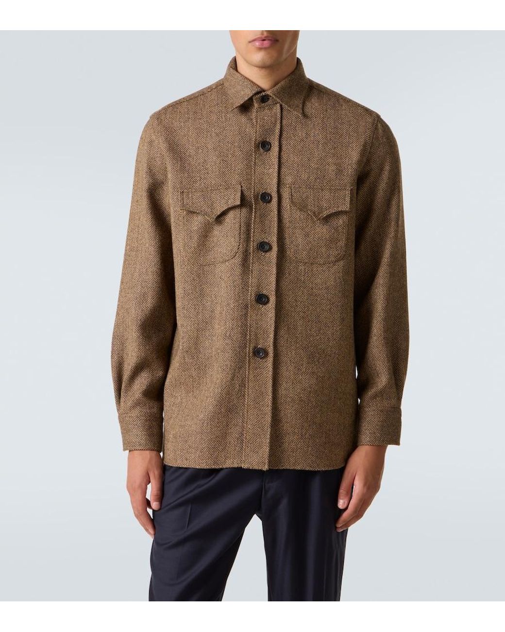 Rubinacci Brown Herringbone Wool Western Shirt for men