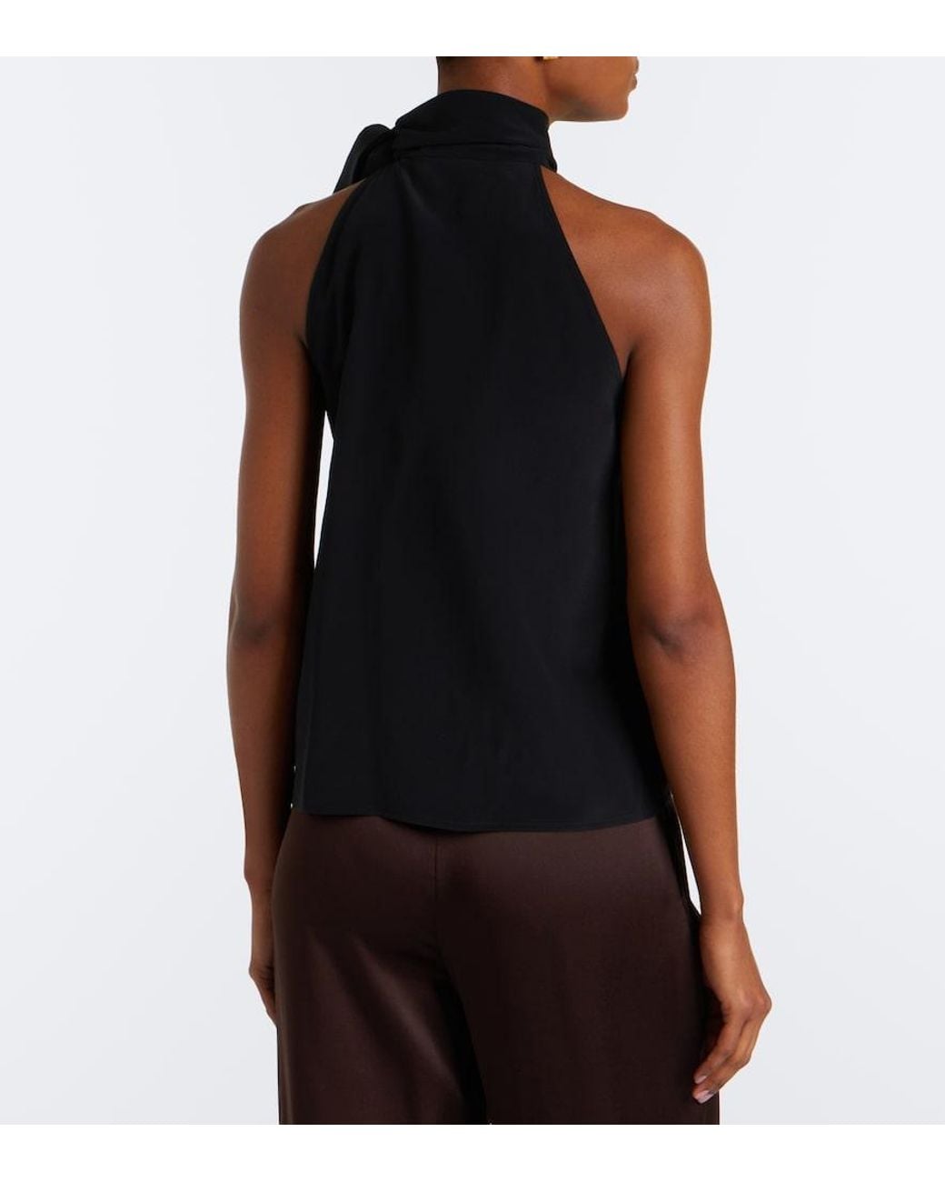 Max Mara Black Pleated Tie-Neck Silk Crepe De Chine Top