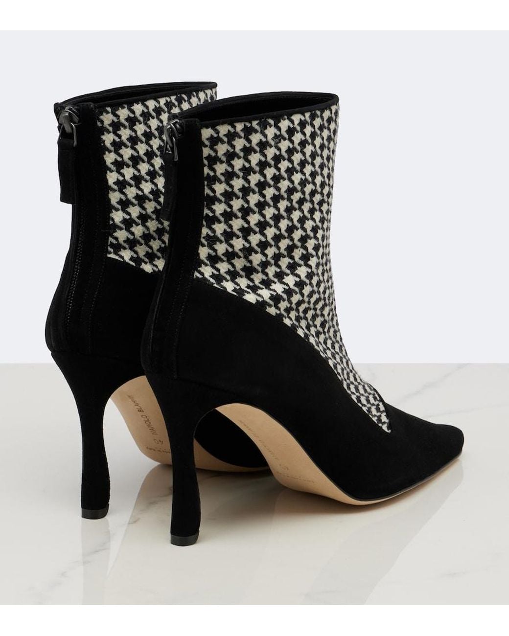 Manolo Blahnik Black Gosta Houndstooth Suede-Trimmed Ankle Boots
