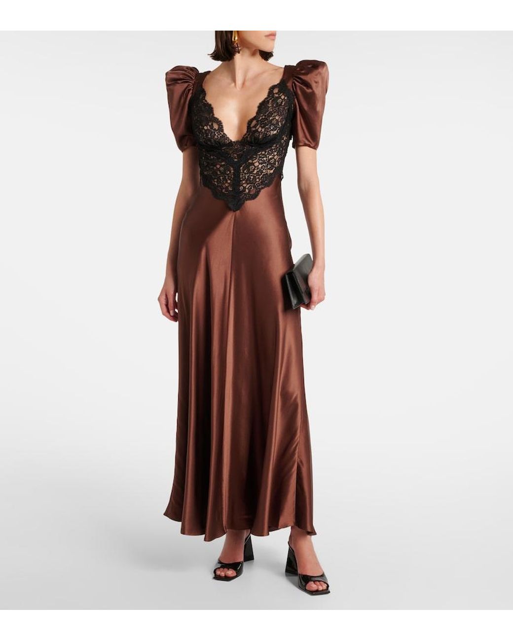 Rodarte Brown Lace-Trimmed Silk Charmeuse Gown