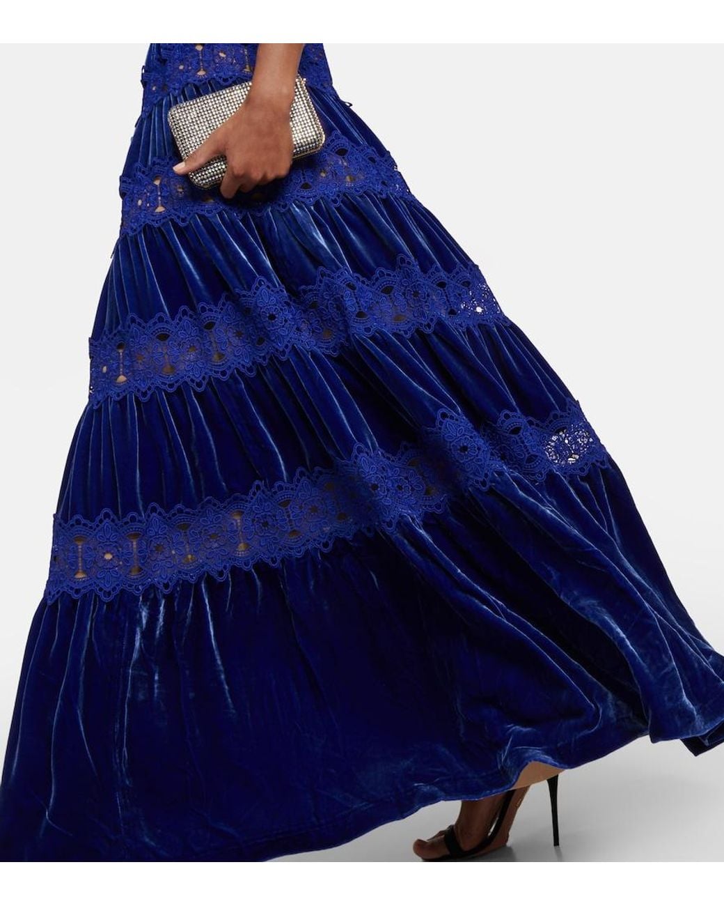 Costarellos Blue Lissie Lace And Velvet Gown