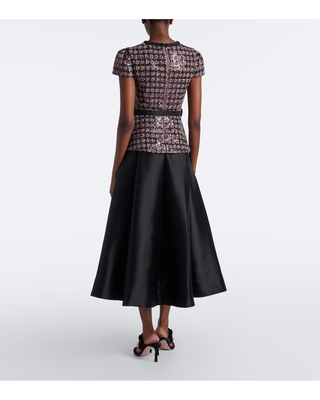 Self-Portrait Black Sequined Boucle And Taffeta Midi Dress