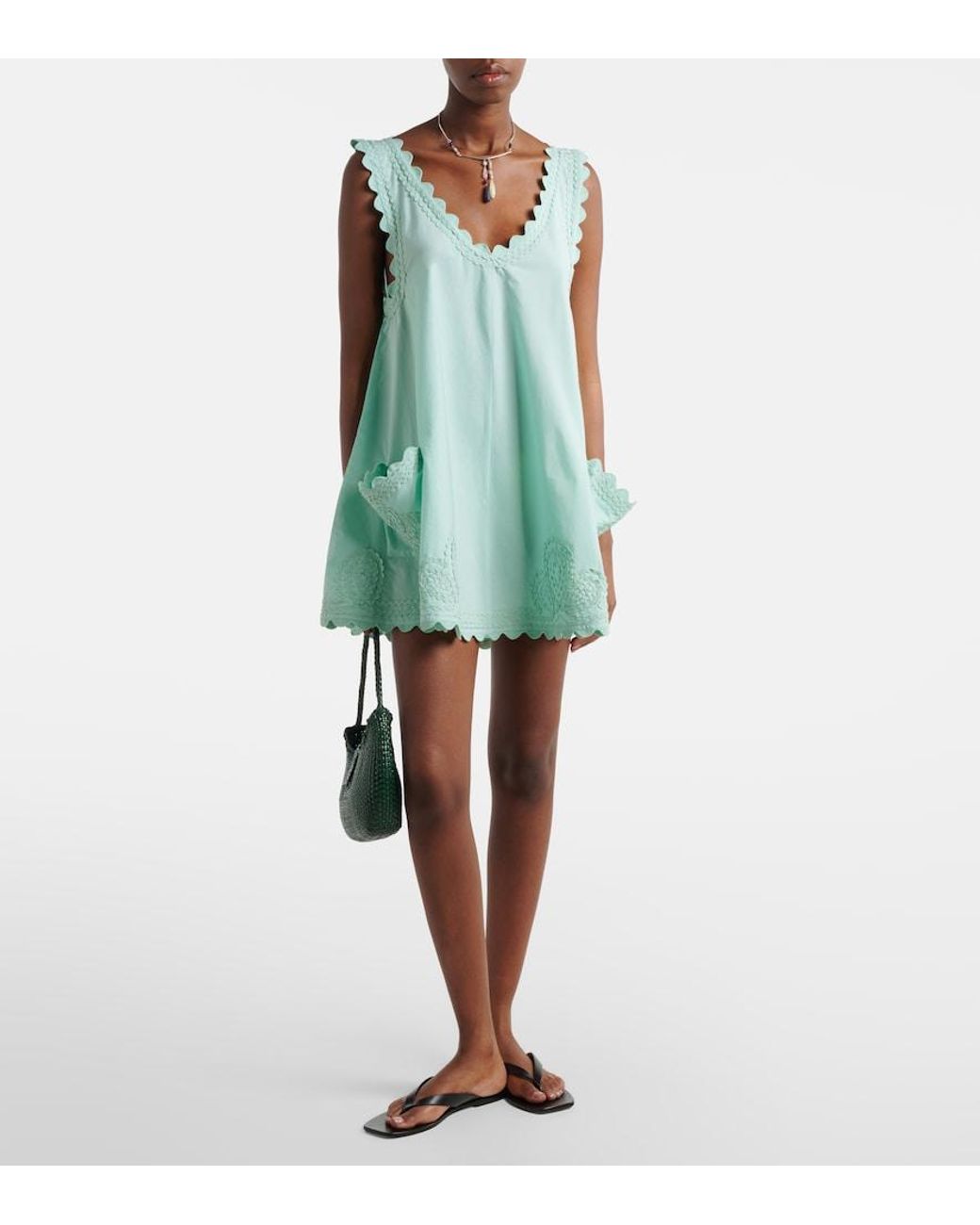 Juliet Dunn Blue Embroidered Scalloped Cotton Poplin Minidress